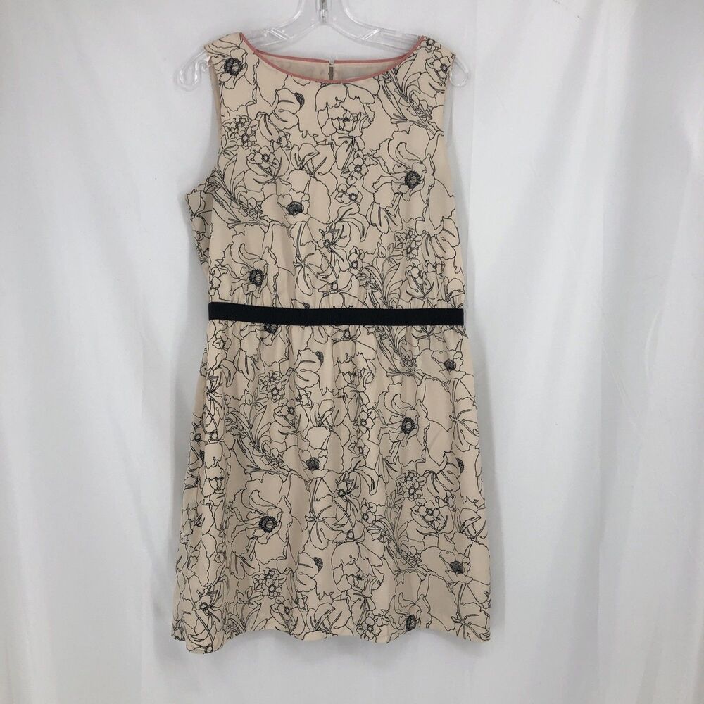 LOFT Petite Floral Waist Band Dress LP Sleeveless Pink Black Flowers Knee Length